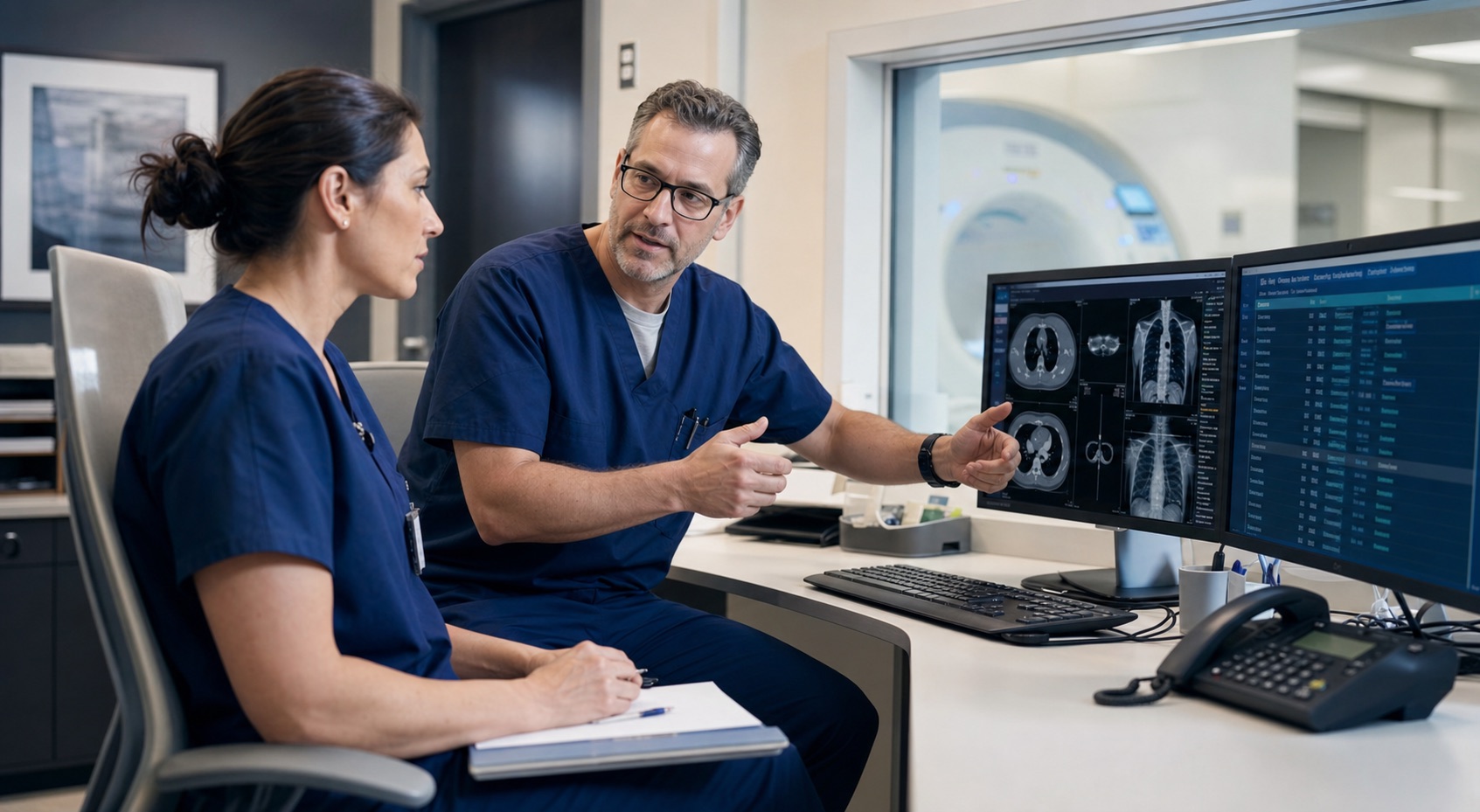 Radiology team reviewing studies and follow-up work together