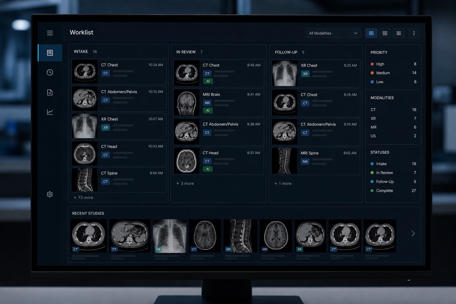 Radiology worklist interface showing intake, review, and follow-up stages